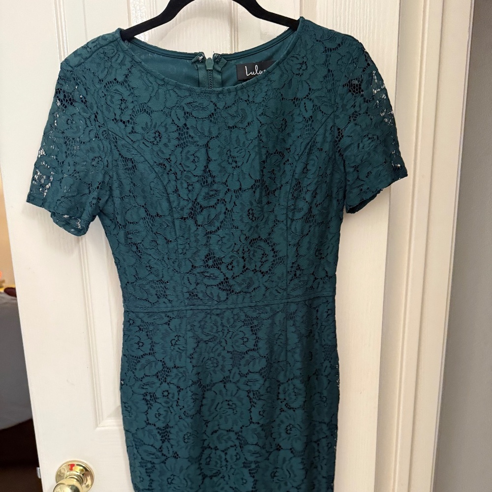 Lulus Teal Lace Short-Sleeve Sheath Dress – Size M